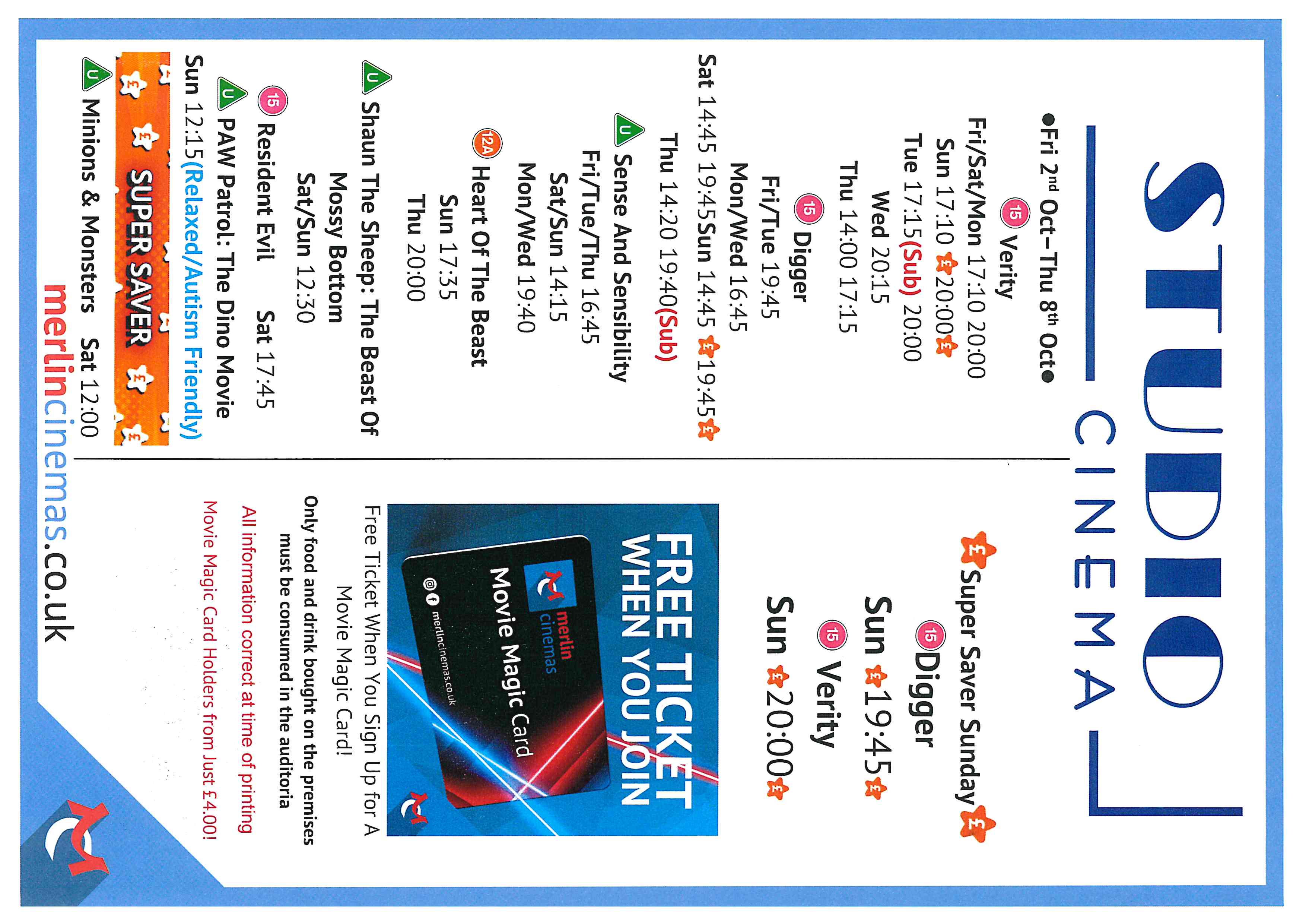 Studio Cinema Listings Thurs 2nd October - Friday 8th October 